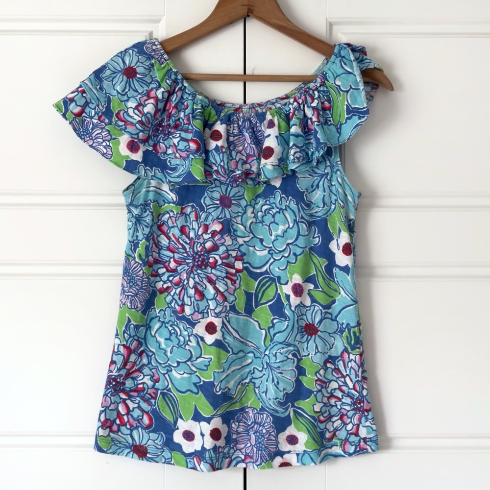 Lilly Pulitzer Floral Sleeveless Ruffle Wynne Top Small Blue Pink Off Shoulder